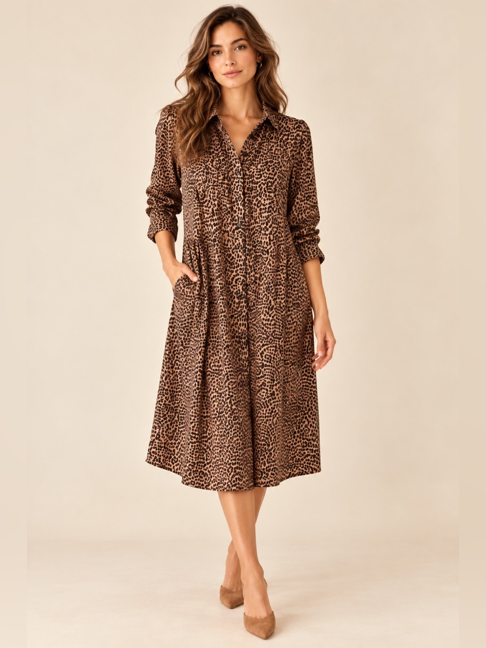 Lands’ End Leopard Print Button Front Popover Long Sleeve Midi Shirt Dress Large